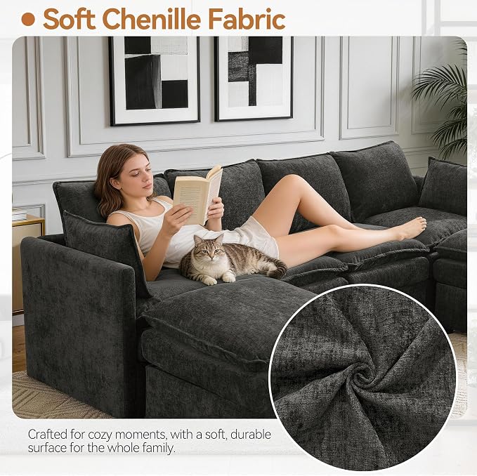 80" Storage Modular Sectional Couch, Cloud 3-Seat Sofa with Chenille, Comfy Modern Couch with Hidden Storage for Living Room, Apartment, Spacious, Dark Grey