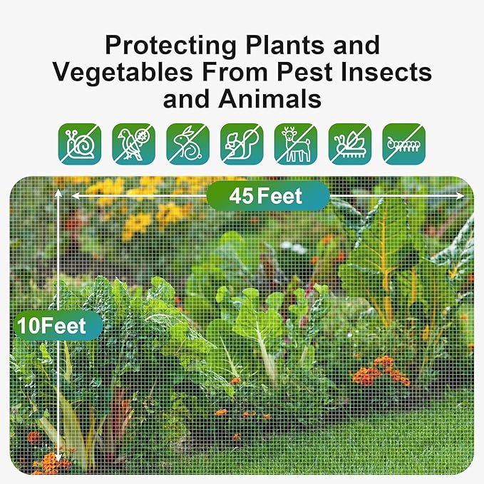 Garden Insect Netting Pest Barrier: 10'x45' Bug Netting for Garden Protection Mosquito Net Fine Mesh Cicada Tree Net Greenhouse Row Cover for Crops Plants Vegetables Flowers Fruits Silver