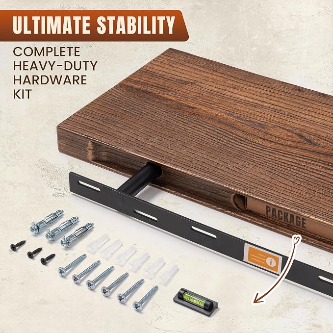 36" Live Edge Floating Shelves, Solid Elm Wood Shelf, Set of 2 | 1.4" Extra Thick, 9.3" Deep Heavy Duty Storage, FSC Certified Vintage Weathered Finish for Kitchen & Coffee Bar