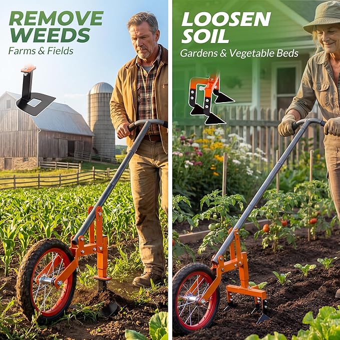 Walensee 2-in-1 Manual Wheel Hoe Garden Cultivator, Push Plow with Adjustable Long Handle 51.9–64.9 in, Dual Tools for Soil Loosening & Weeding, Heavy Duty Steel Frame, Lawn & Garden Tiller
