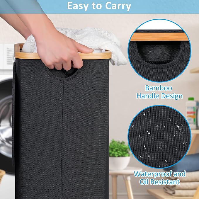 efluky Slim Laundry Basket with Wheels, Narrow Rolling Laundry Hamper with Lid and Removable Bag, Aesthetic Dirty Clothes Hamper on Wheels for Laundry Room, Bedroom, Dorm and Bathroom, 75L Dark Black