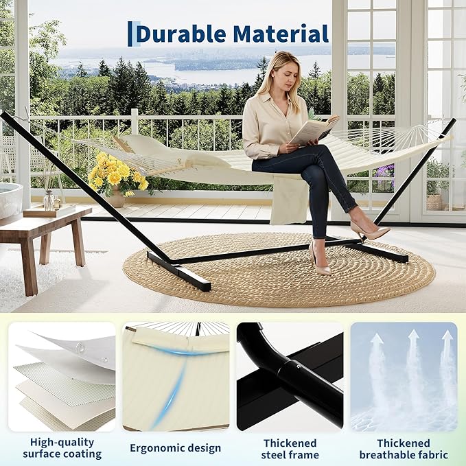Garvee 2 Person Outdoor Hammock with Stand, Heavy Duty Portable Double Hammock with Balance Rope, MAX 450 LBS Capacity for Patio, Backyard, Garden, Beach
