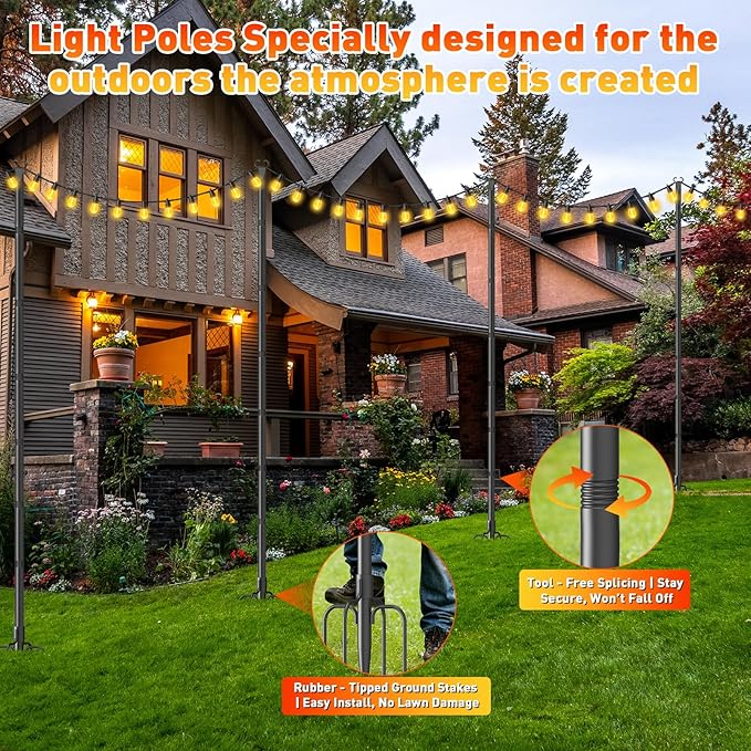 10Ft String Light Poles 2 Pack,Poles for Outdoor String Lights with Fork and Fence Clamp,Hanging Lights Metal Stand Post for Deck Patio Backyard Garden Decorations
