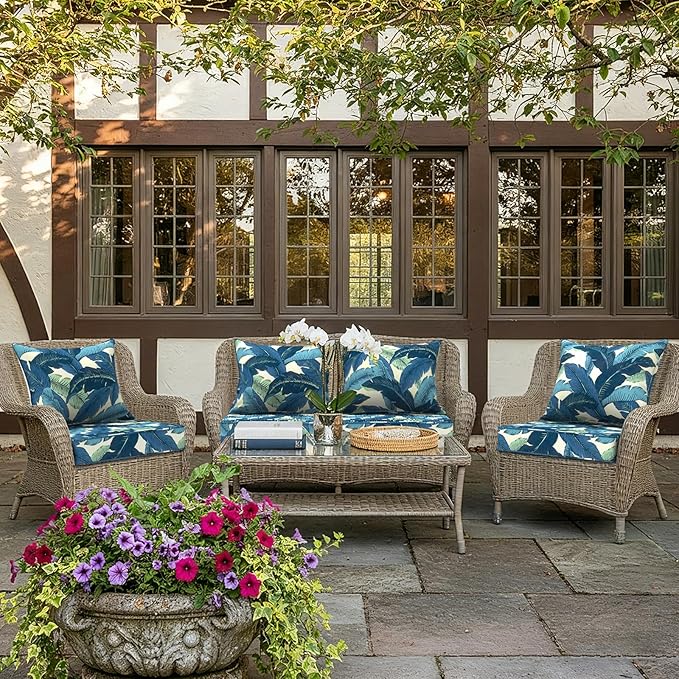 LVTXIII Outdoor Deep Seat Cushion 22"x22"x4" Patio Seat and Back Cushion Set Seasonal Chair Cushion for Dining Arm Chairs, Wicker Chairs and Garden Furniture Decoration, Swaying Palms Blue