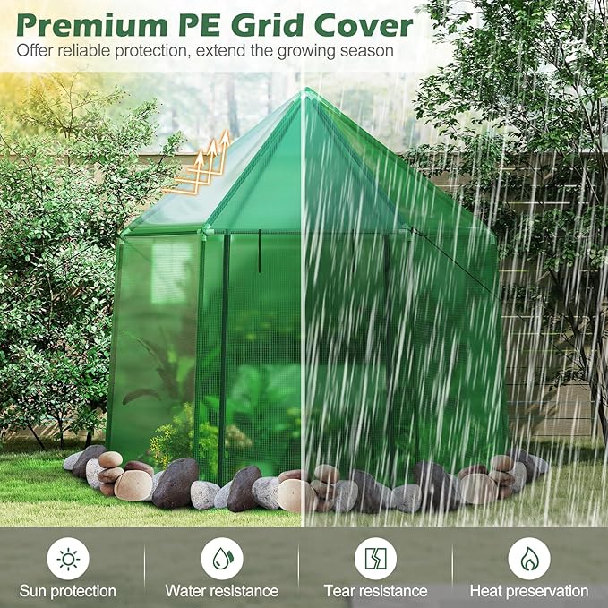 HAPPYGRILL 6.5 x 5.6 x 6.2 FT Greenhouse, Portable Outdoor Greenhouse w/ PE Cover, Rustproof PE-Coated Metal Frame, Roll-up Zippered Door, Windows, Greenhouses for Outdoors, Garden, Patio, Backyard