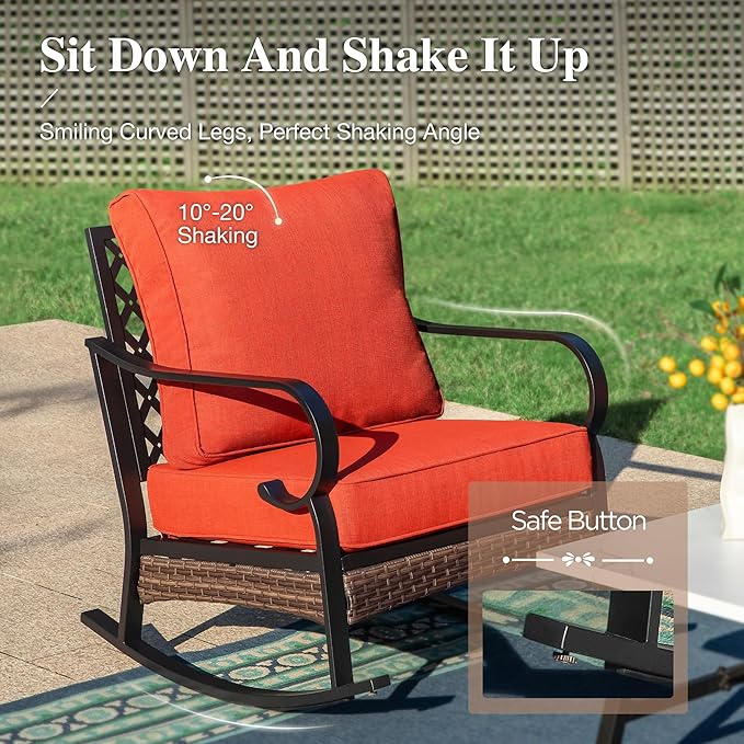 HERA'S HOUSE Patio Rocking Chairs Set of 2 with Thick Cushions, High Back Metal Outdoor Rockers, All Weather Garden Furniture for Backyard, Deck, Lawn, Red