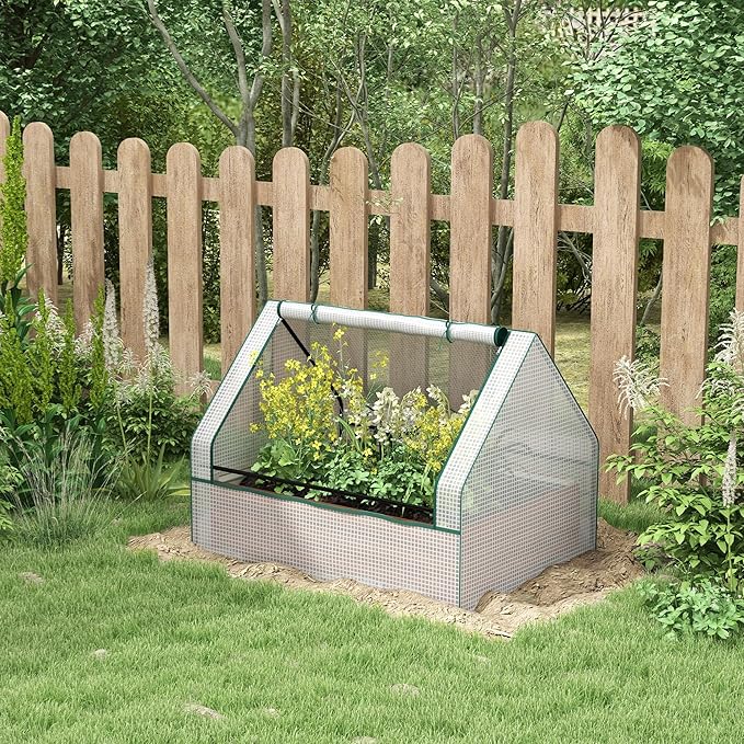Outsunny 4 x 3 x 1ft Raised Garden Bed with Mini Greenhouse, Galvanized Outdoor Planter Box with Cover, for Herbs and Vegetables, Use for Patio, Garden, Balcony, White Cover and Brown Planter