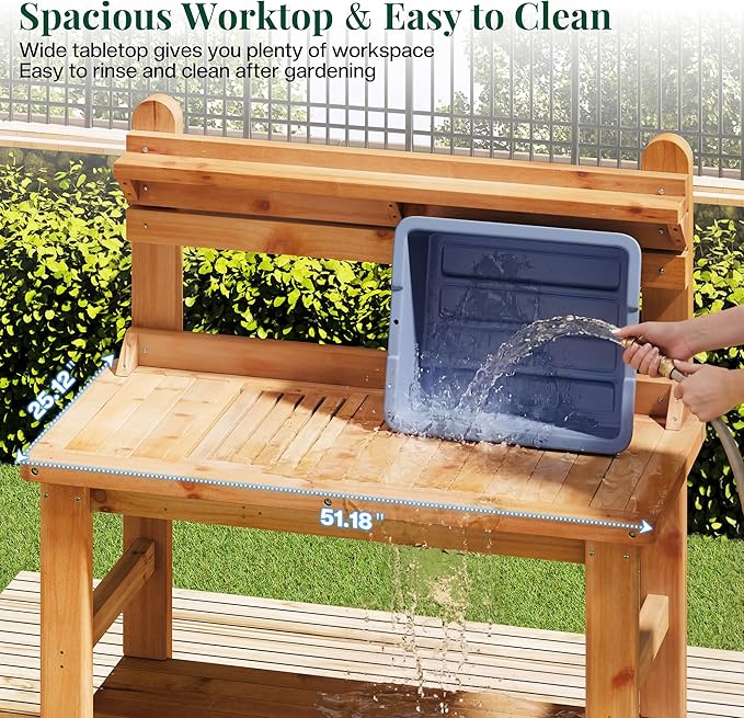 Jocisland Solid Fir Wood Outdoor Potting Bench Table with Large Tabletop, Heavy-Duty Garden Workstation with Removable Plastic Bin, Multi-Level Storage Shelf, Easy Assembly for Patio, Yard & Gardening