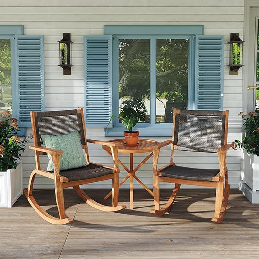 Merax 2-Piece Patio Rocking Chair Set, Acacia Wood Outdoor Rockers with PE Wicker Rattan Seat & Backrest, Comfortable Garden Porch Chairs for Backyard, Balcony, Poolside