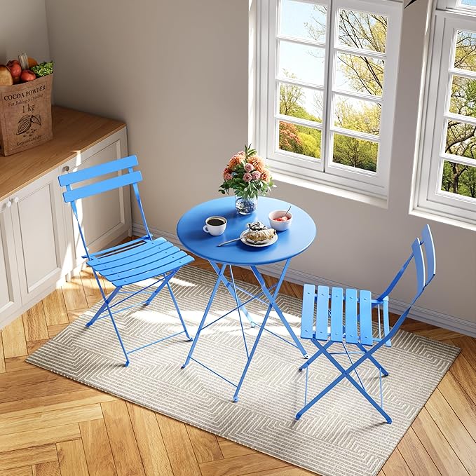 GarveeLife 3-Piece Folding Bistro Set, Foldable Patio Furniture Set with Premium Frame, Outdoor Bistro Table and Chairs Set of 2 for Patio, Garden and Balcony, Blue