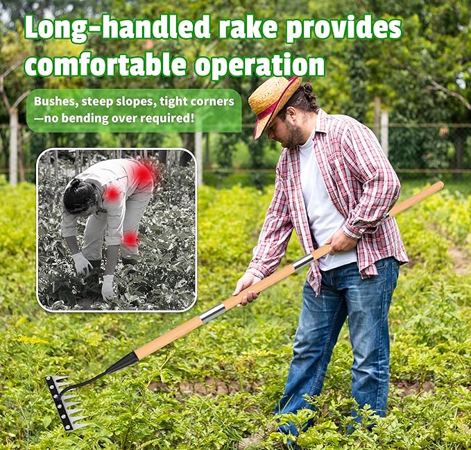 Iron Weed Rake with Wooden Long Handle 2.0, 8 Teeth Weed Puller Tool Heavy Duty, Manual Gardenia Weeding Rake Tool for Yard, Lawn and Garden, 71Inch