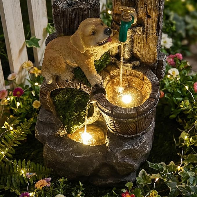 20-Inch Outdoor Water Fountain, 3-Tier Rustic Barrel Puppy and Pump Resin Waterfall Fountain with 2 LED Lights, Water Feature for Farmhouse, Garden, Patio, Backyard, Deck, Lawn in Brown