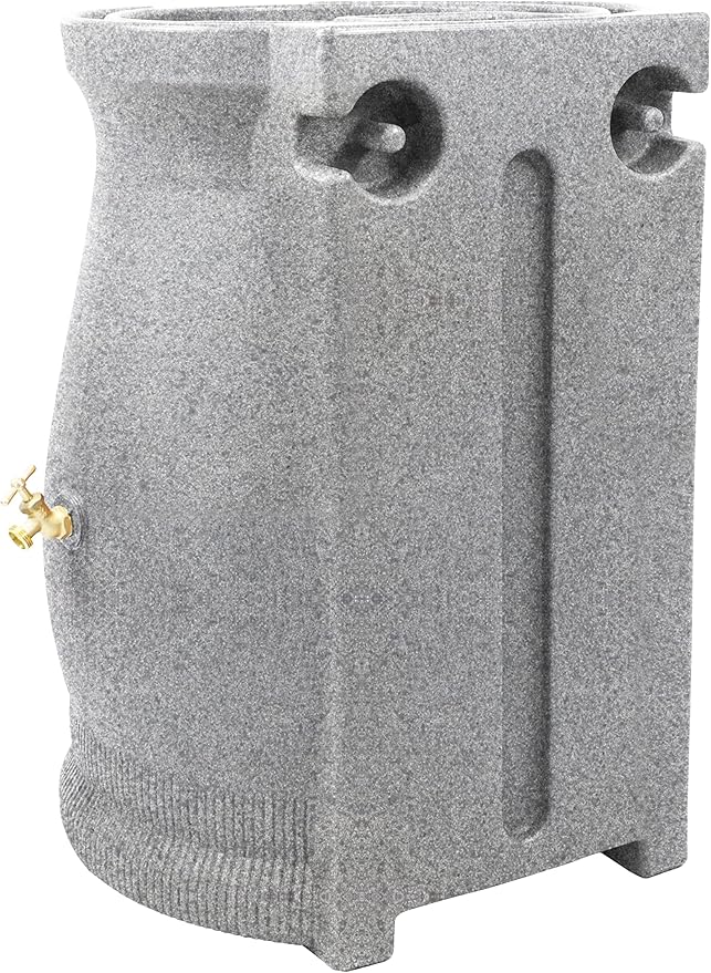 Good Ideas Rain Saver 50 Gallon Urn Shaped Water Storage Barrel with Planter and 2 Metal Spigots, Light Granite