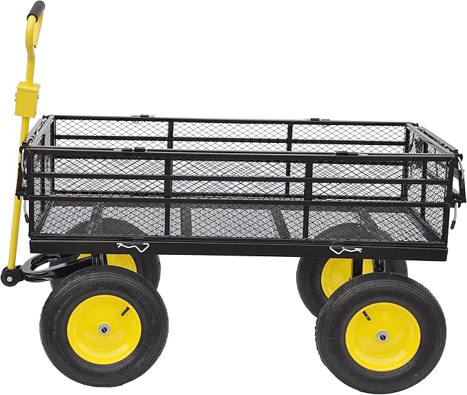 Heavy-Duty Iron Garden Cart Wagon with 1100 lbs Capacity, 15 inch Pneumatic Tires for Firewood, Debris & Outdoor Tasks - 55" L x 24" W x 46.8" H,Yellow & Black