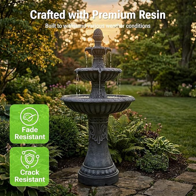 52-Inch Outdoor Water Fountain, 3-Tier Large Italian Faux Stone Resin Waterfall Fountain with 2 LED Lights, Large Bird Bath Basin Water Feature for Garden, Patio, Backyard, Deck, Lawn in Black
