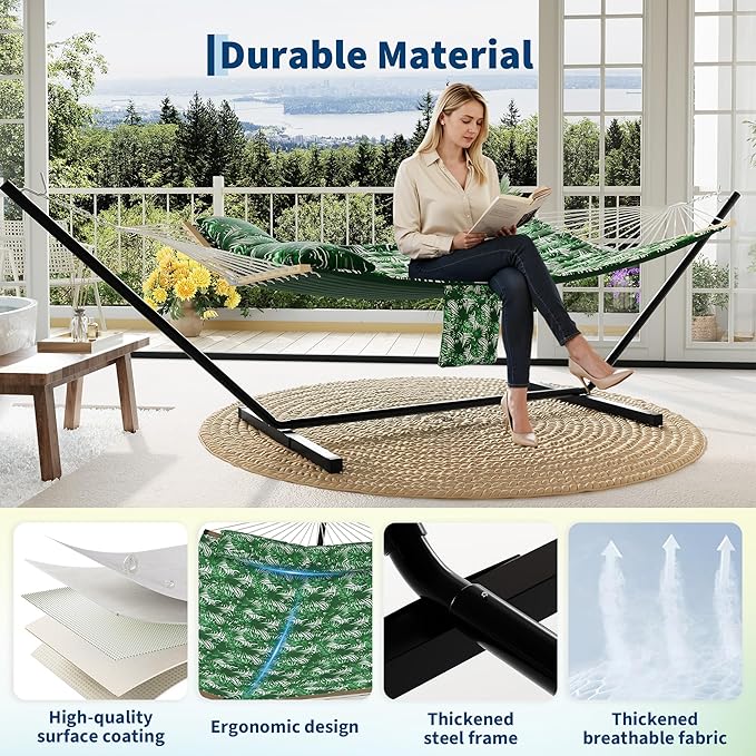 Garvee 2 Person Outdoor Hammock with Stand, Heavy Duty Portable Double Hammock with Balance Rope, MAX 450 LBS Capacity for Patio, Backyard, Garden, Beach