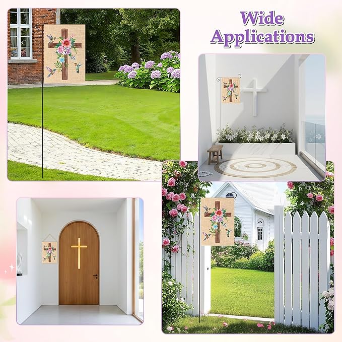 WATINC Spring Summer Hummingbird Flower Christian Cross Linen Garden Flag - 12 x 18 Inch Easter Religious Yard Flag for Outside, Double Sided House Outdoor Decoration for Porch Lawn Pathway (Pink)