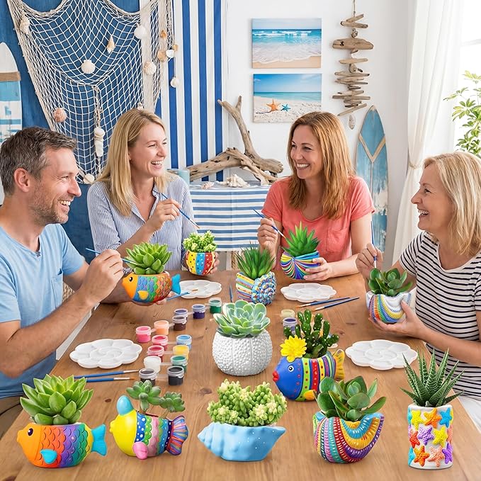 Hushee 12 Sets Ceramic Succulent Planters Paintable Succulent Plant Pots Small DIY Figurines Unpainted Pots with Drainage Hole Color Paints Paintbrushes Palettes