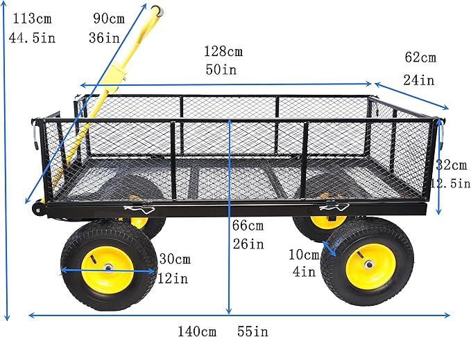 Big Garden Wagon Cart with 880 LBS Capacity, Heavy Duty Yellow & Black Utility Cart with Pneumatic Tires for Firewood, Yard Debris & Farm Transport, Yellow