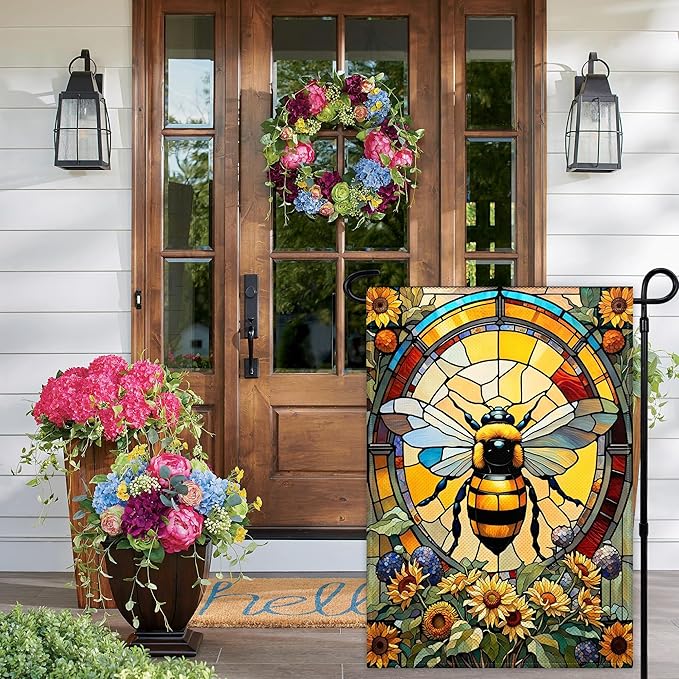 Summer Bee Garden Flags for Outside 12×18 Inch Double Sided Spring Flowers Garden Flags with Bee Glass Style for House Indoor Outdoor Lawn Yard Garden Sign Decor