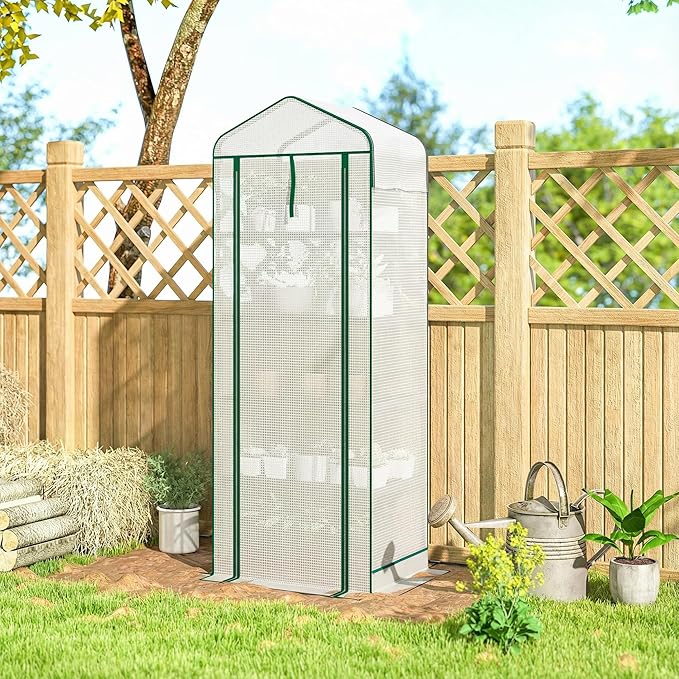 Outsunny 5 Tier Mini Greenhouse with Screen Roof, 27.6" x 19.7" x 75.6", Portable Small Greenhouse with High Strength PE Cover, Roll-Up Zipper Door for Garden Yard Backyard, White