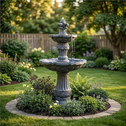 50-Inch Outdoor Water Fountain, 2-Tier Large Italian Cascading Resin Waterfall Fountain, Classic European Pedestal, Floor-Standing Water Feature for Garden, Patio, Backyard, Deck, Lawn in Gray
