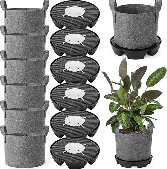 Jingmore 6 Set Self Watering Fabric Pot Base 3 Gallon Plant Nonwoven Grow Bags Automatic Watering System Plant Saucer Elevated Flower Trays with Handles for Fruits Vegetables Flowers Grow(Grey)