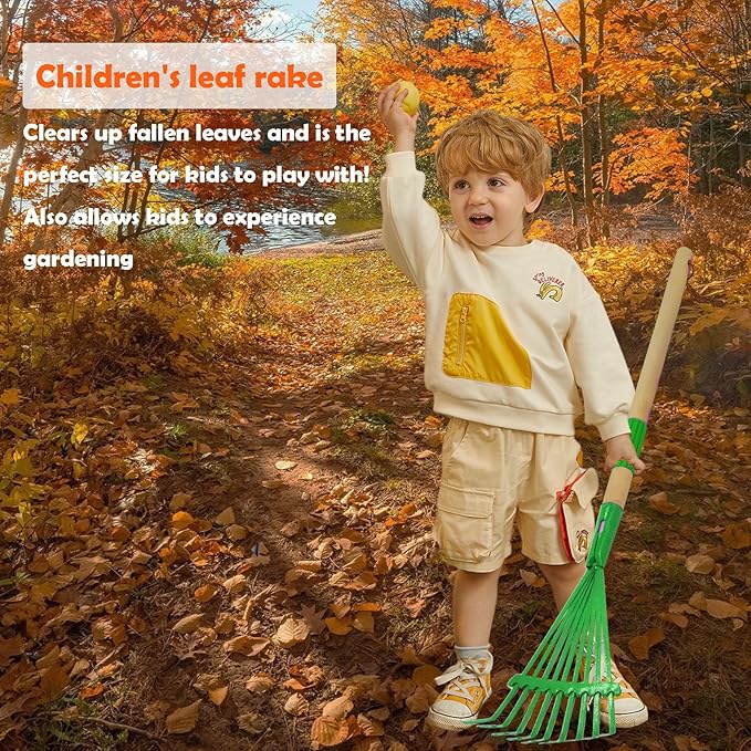 Kids Leaf Rake-Small Wooden Handle Leaf Rake with Metal Tines, 27inches /69cm Length, for Kids Enjoy Garden Cleaning Activities (Green)