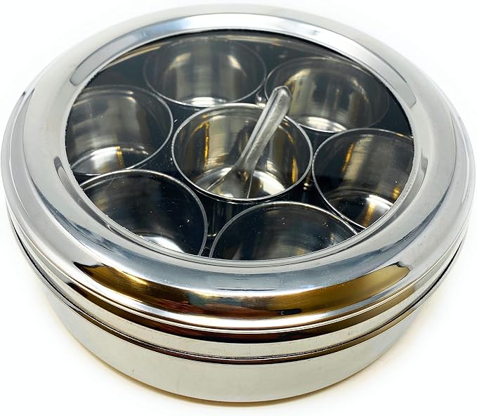 Rani Spice Box Stainless Steel Transparent Round Storage For Spices (Masala Dabba) 7 Compartments, with spoon (9.2in x 3in) ~ Packed in an attractive box, perfect for gifts!