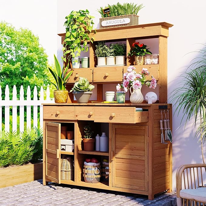 RUNNA 65.7'' H Tall Garden Potting Bench Table with Hutch,Patio Storage Workstation with 3 Shelves,6 Drawers,2 Bottom Cabinets&Side Hooks for Mudroom,Doorway (Natural@024, 65.7)
