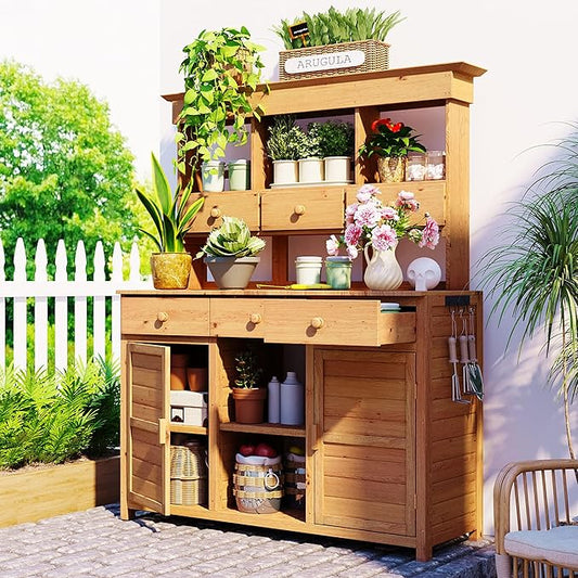 RUNNA 65.7'' H Tall Garden Potting Bench Table with Hutch,Patio Storage Workstation with 3 Shelves,6 Drawers,2 Bottom Cabinets&Side Hooks for Mudroom,Doorway (Natural@024, 65.7)