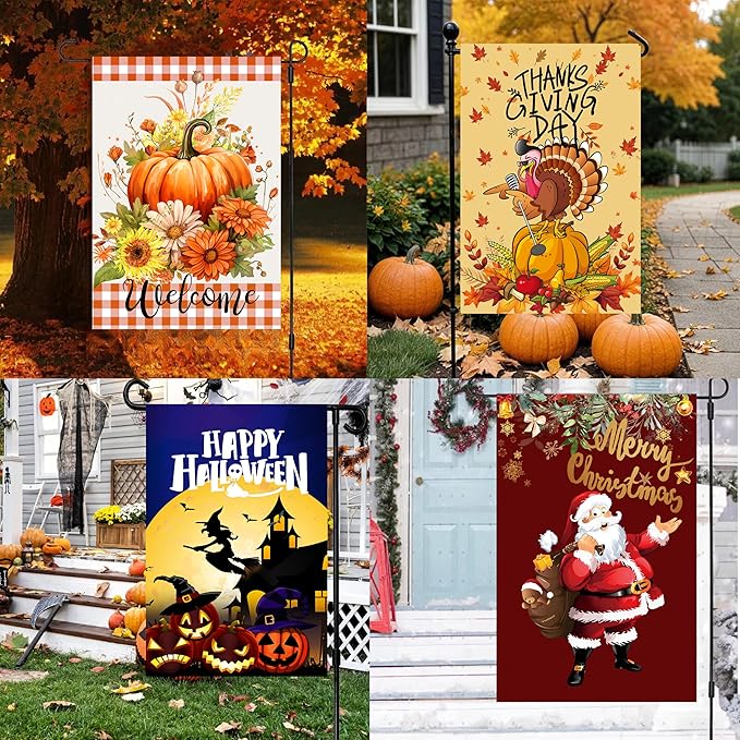 Seasonal Garden Flag Set of 12 Yard Flags for Outside12x18, Double Sided Small Garden Flags,4th of july Garden Flag,Welcome Fall Halloween Holiday Decoration Outdoor Flags for Garden