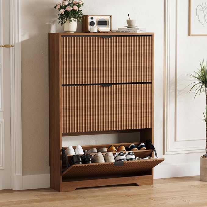 Shoe Cabinet Storage for Entryway with 3 Flip Drawers, Walnut Fluted Shoe Cabinet with Adjustable Shelves, Wooden Hidden Shoe Rack Freestanding Narrow Slim Shoes Storage for Hallway, Entrance