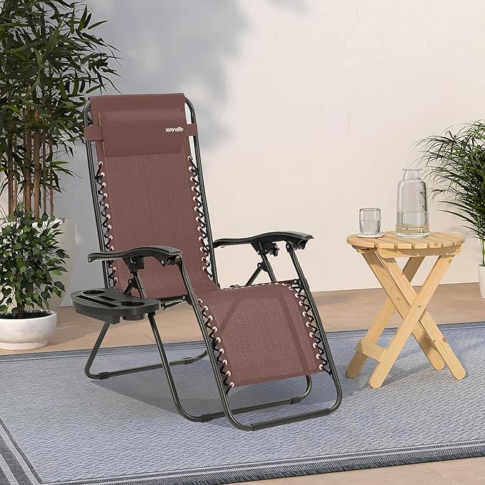 SereneLife Outdoor Zero Gravity Lounge Chair Set, 2 Pack Adjustable Recliner Chairs with Cup Holder Side Table and Padded Headrest, Foldable Patio Lawn Chairs, Weather Resistant Design (Brown)