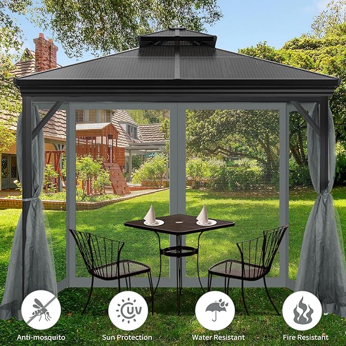 Gazebo Universal Replacement Mosquito Netting, 8' x 8' Outdoor Mesh Netting Screen 4-Panel Sidewall with Zipper for Patio Canopy Garden Porch Pergolas and Backyard, Gray(Mosquito Net Only)