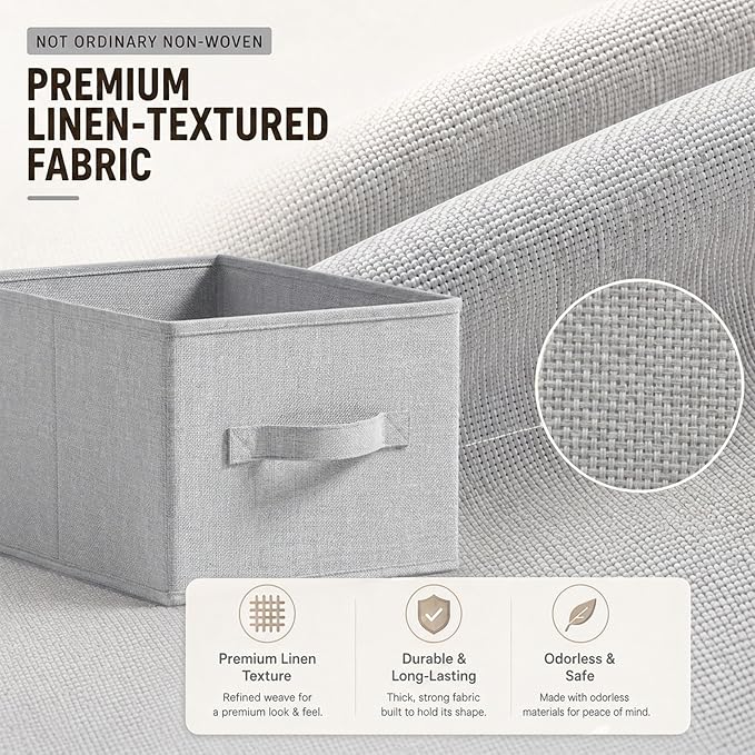 LayerSpace 3 Pack Fabric Storage Bins for Shelves | 14.75x10.25x8.25 in Storage Baskets | Fabric Closet Organizers with Handles Home Organization | Linen Clothes Storage Bins | Light Gray | Thickened Rigid PP Panels, Cotton-linen Shelf Baskets, Measure...