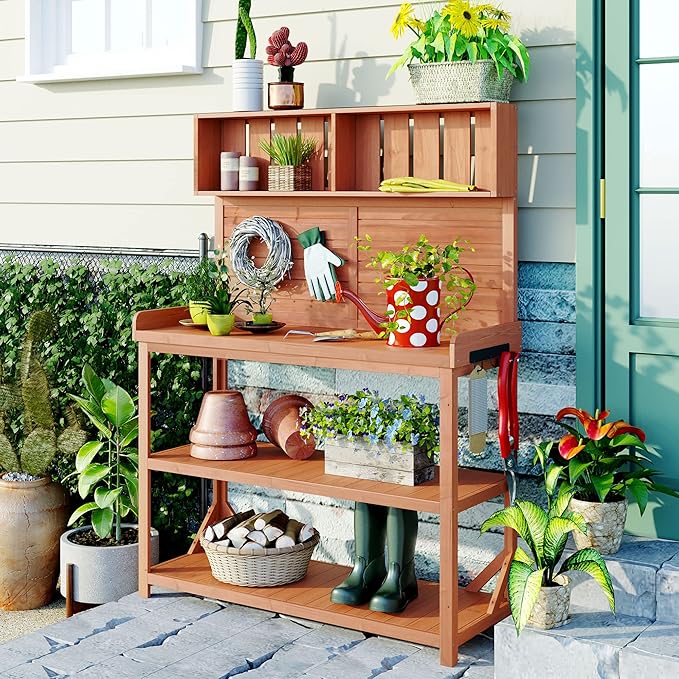 RUNNA 65" Large Wooden Farmhouse Rustic Outdoor Potting Bench Table, Patio Workstation, Garden Potting Bench with 4 Storage Shelves and Side Hook (Natural#023)