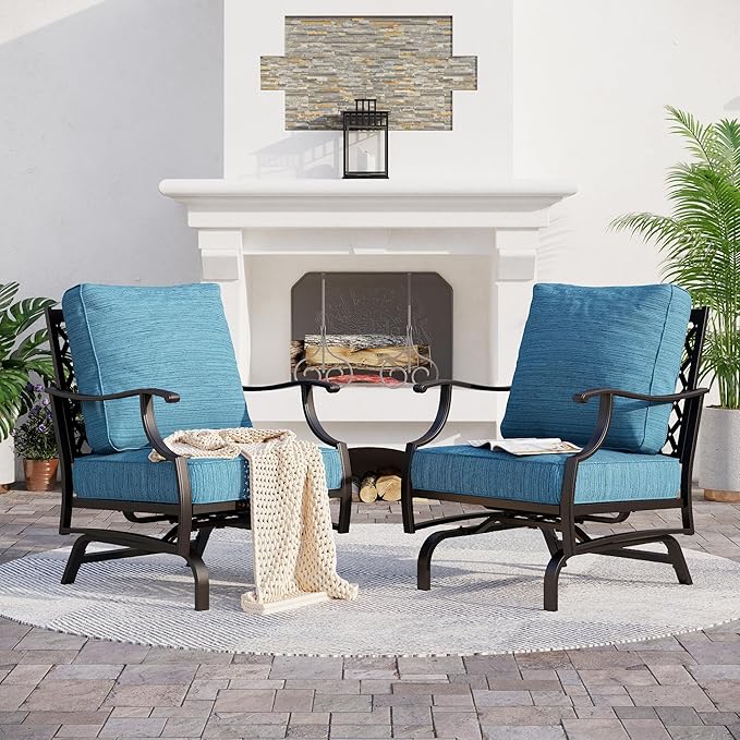 SUNSHINE VALLEY Metal Outdoor Rocker Patio Chairs Set of 2 with 5.75" Extra Thick Cushion, 2 Piece High Back Rocker Patio Chairs All Weather Outdoor Furniture Seating for Deck Balcony Porch, Blue-2