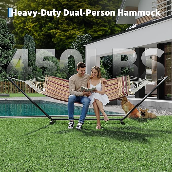 Garvee 2 Person Outdoor Hammock with Stand, Heavy Duty Portable Double Hammock with Balance Rope, MAX 450 LBS Capacity for Patio, Backyard, Garden, Beach