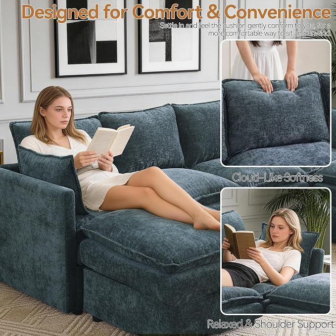 80" U Shaped Storage Modular Sectional Couch with 2 Ottomans, Deep Seat Cloud Sofa with Moveable Ottomans, Comfy Chenille Storage Couch, Modern Sofa for Living Room, Blue