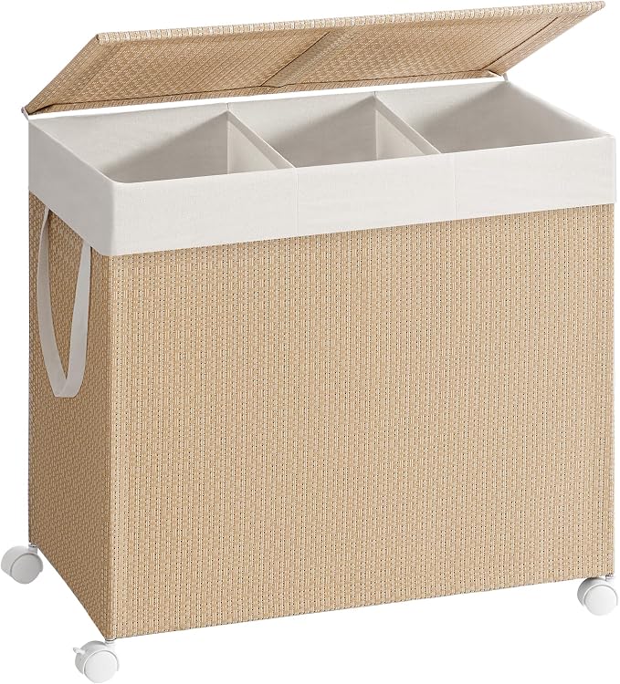 SONGMICS HOME Laundry Hamper with 3 Section, 140 L, Rattan, with Wheels | Rolling Clothes Basket with Lid, Removable Liner with Handles, Natural Beige and Matte White, PEZZO Collection ULCB602N01