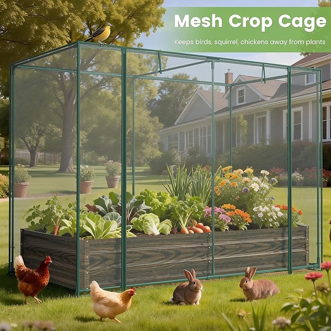 DoCred Crop Cage with Raised Garden Bed, 84.6" x 45.3" x 59" Plant Protection Tent Garden Cages with Window, 2 in 1 Galvanized Raised Garden Bed Kit and Mesh Cover for Garden, Yard, Lawn
