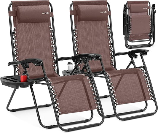SereneLife Outdoor Zero Gravity Lounge Chair Set, 2 Pack Adjustable Recliner Chairs with Cup Holder Side Table and Padded Headrest, Foldable Patio Lawn Chairs, Weather Resistant Design (Brown)