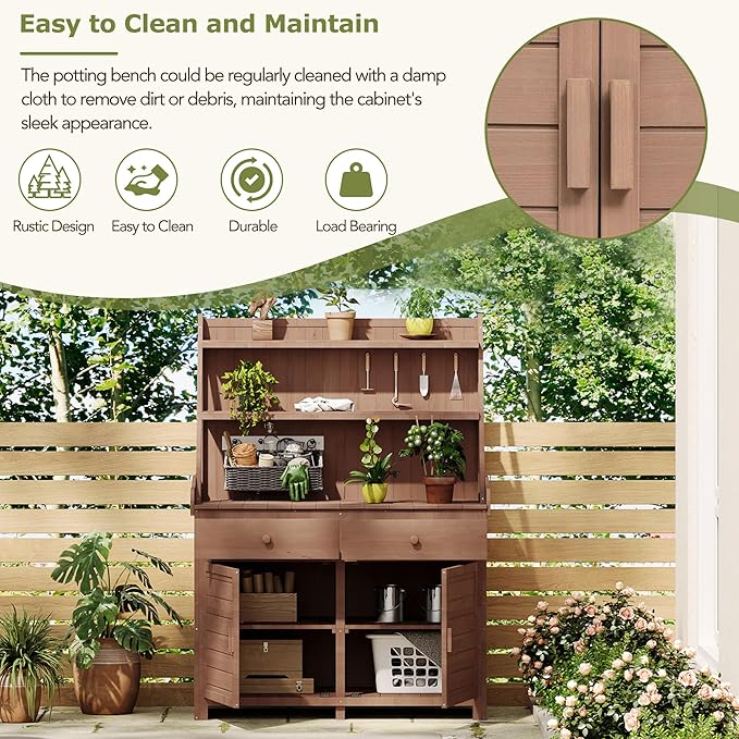 65inch Garden Potting Bench Table, Fir Wood Workstation with Storage Shelf, Drawer and Cabinet (Brown@017, 65inch)