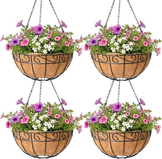 4 Pack Hanging Planter for Outdoor Plants 14 inch Metal Hanging Flower Basket with Coco Coir Liner Round Wire Plant Holder Chain Flower Pots Outdoor Garden Decoration Watering Hanging Baskets（HB）