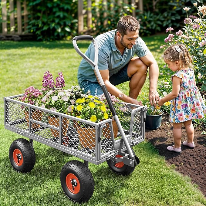 Autodaya Heavy Duty 900 lbs Capacity Garden Cart Wagon with 10" Pneumatic Tires & Removable Mesh Sides - 180° Rotating Handle, 4 Cu.Ft Utility Wagon for Yard, Garden, Hauling, All Terrain Outdoor Use