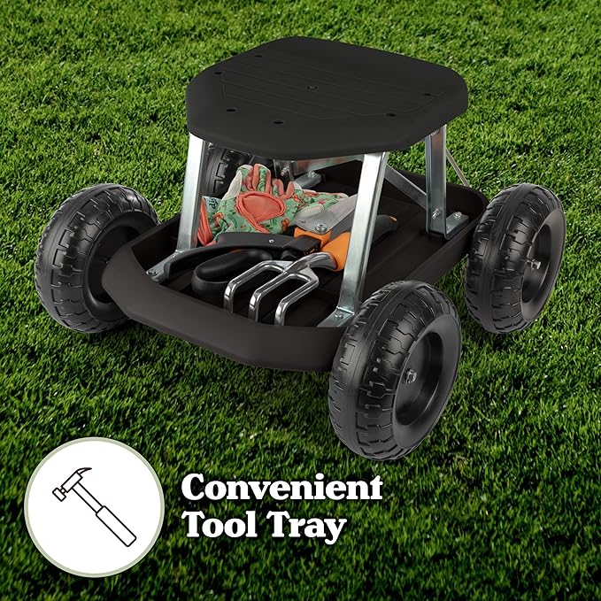 Gardening Stool - Rolling Garden Seat with Wheels and Storage Tool Tray - Garden Cart Scooter - Yard Tools by Pure Garden (Black)
