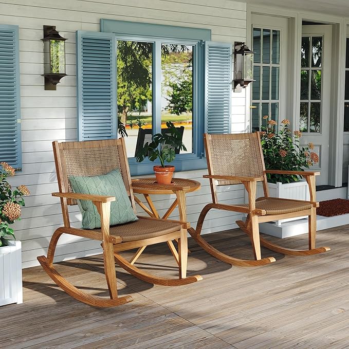 Merax 2-Piece Patio Rocking Chair Set, Acacia Wood Outdoor Rockers with PE Wicker Rattan Seat & Backrest, Comfortable Garden Porch Chairs for Backyard, Balcony, Poolside