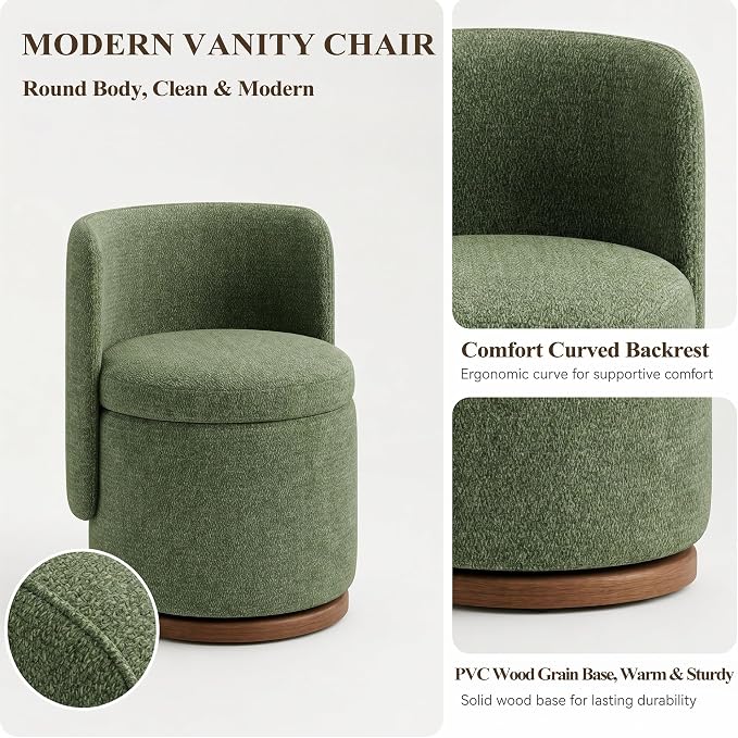 Ottoman with Storage, Round Vanity Stool with Back | 22L Hidden Seat, 360° Swivel, Reversible Lid, No Wheels, Upholstered Makeup Footstool for Bedroom