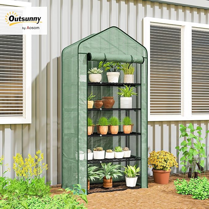 Outsunny 5 Tier Mini Greenhouse, 76" x 35.4" x 19.3" Small Portable Greenhouse with Reinforced PE Cover, Roll-Up Zippered Door, for Indoor Outdoor Garden Yard Backyard, Green